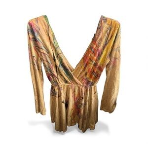 Vizio USA Multicolor V-Neck Suede Long Bell Sleeve Feather Bohemian Print Romper